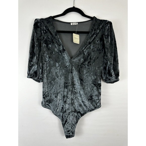 Free People Bodysuit Don't You Wish Sunflower‎ Seed Blue Velvet Size Small NEW - Picture 1 of 8